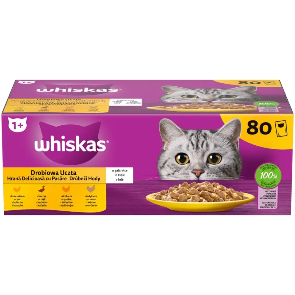 Whiskas Wet Food for adult cats, Poultry Selection in Jelly, 80 × 85g