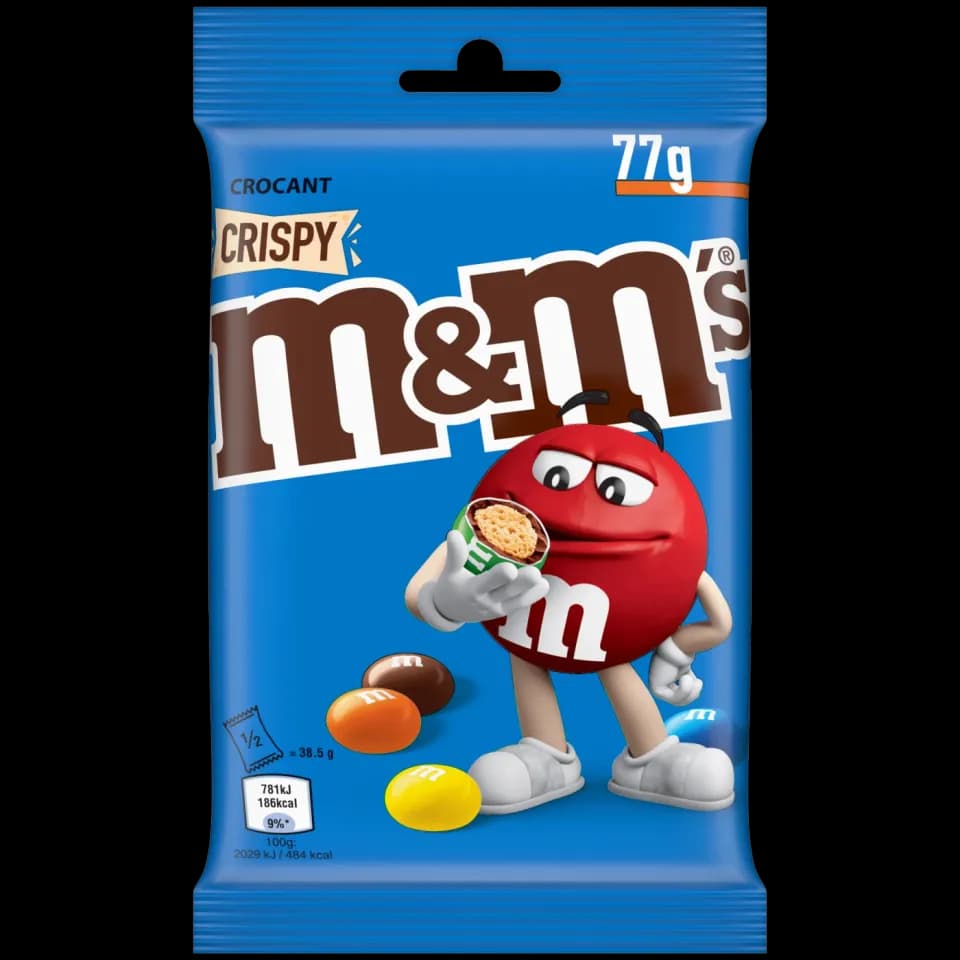 M&M's Crispy bomboane cu miez din orez crocant in ciocolata cu lapte cu glazura colorata de zahar 77 g