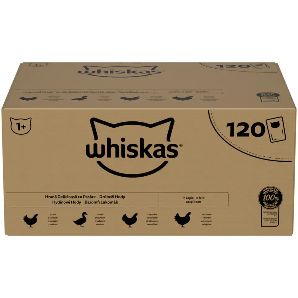 Hrană pisici adulte Whiskas 1+ Poultry Feasts pliculețe în aspic 120 x 85g