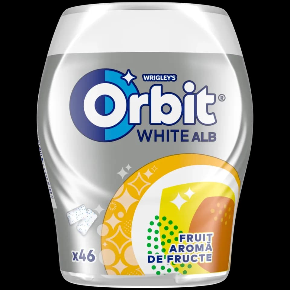 Orbit White Fruit gumă de mestecat fără zahăr cu gust de fructe, 46 drajeuri, 64 g