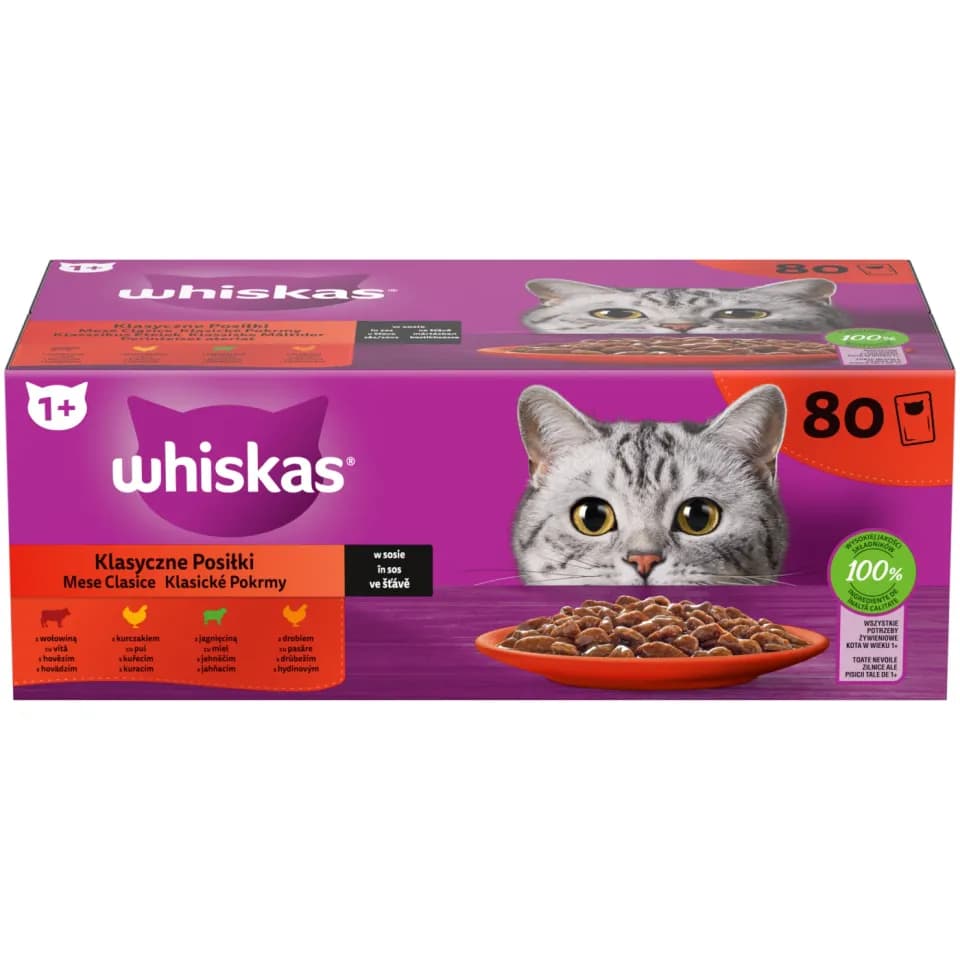 Whiskas hrana umeda pentru pisici adulte, selectii clasice in sos de carne 80x 85g