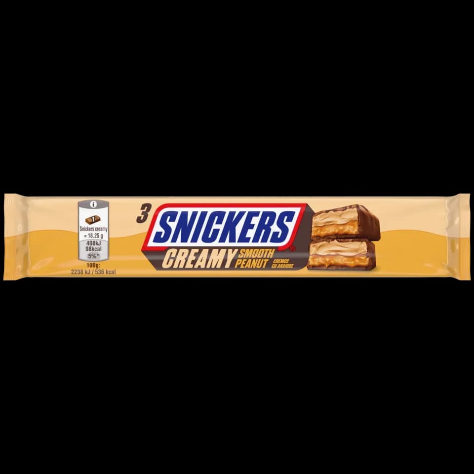 Snickers Creamy baton de ciocolata cu lapte cu umplutura de pasta de arahide si miez de caramel cu arahide prajite proaspete 54.75g