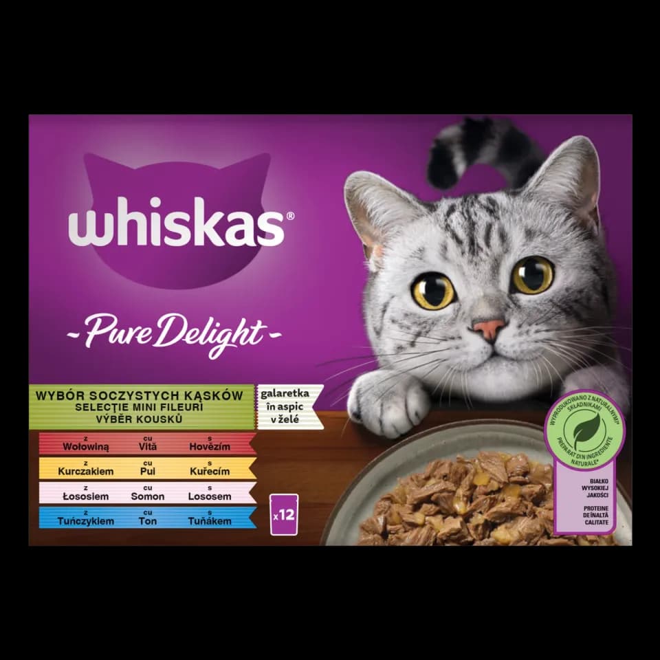 Whiskas Pure Delight, влажный корм для взрослых кошек, ассорти в желе, 12 × 85 г