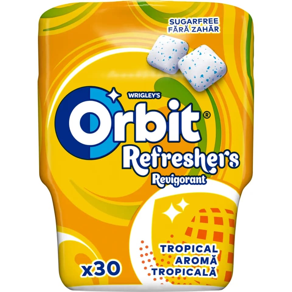 Orbit Refreshers Tropical gumă de mestecat fără zahăr cu gust tropical, 30 drajeuri, 67 g