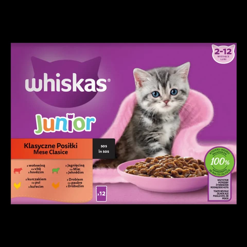 Whiskas Junior hrana umeda pentru pisici junioare, selectii clasice in sos de carne 12 x 85 g