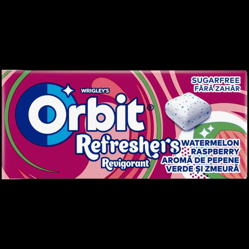 Orbit Refreshers WatermelonBerry gumă de mestecat fără zahăr cu arome de pepene roșu și fructe de pădure, 8 drajeuri, 17,9 g