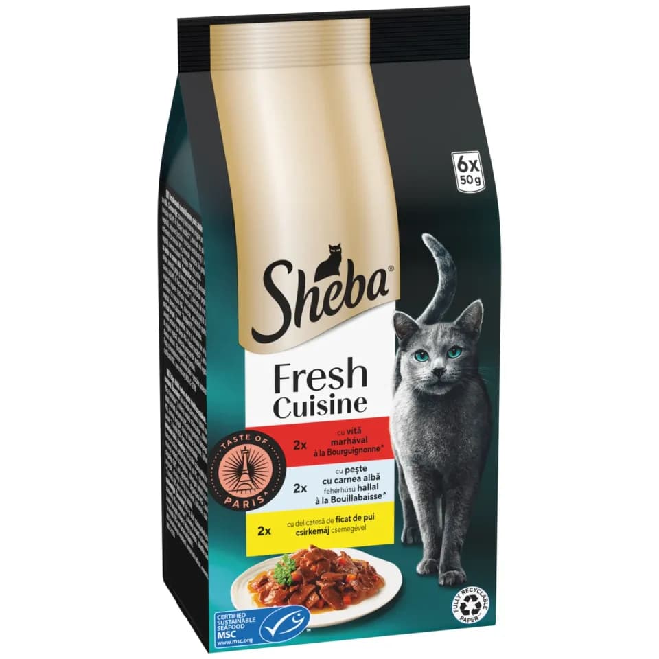 Hrană umedă pisici adulte SHEBA® Fresh Cuisine Taste of Paris, Selecție mixtă în sos, Plic 6 x 50g