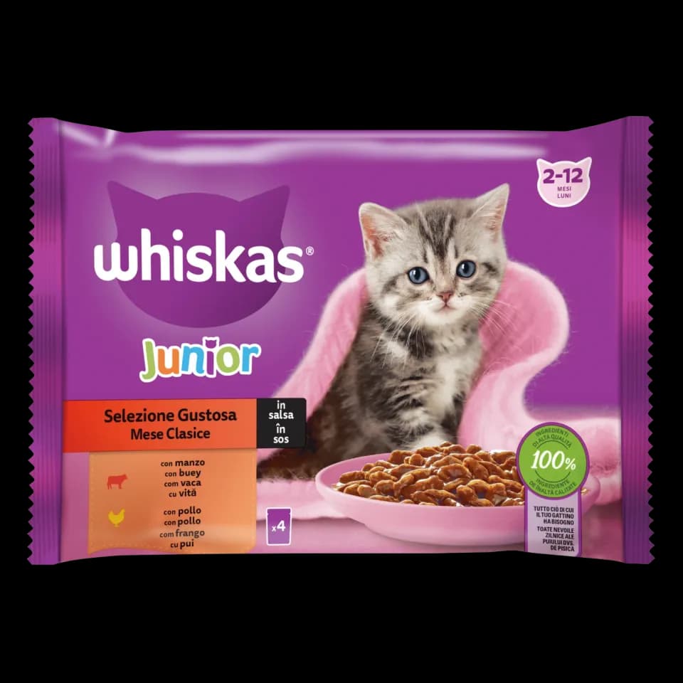 Whiskas Junior hrana umeda pentru pisici junioare, selectii clasice in sos de carne 4 x 85 g