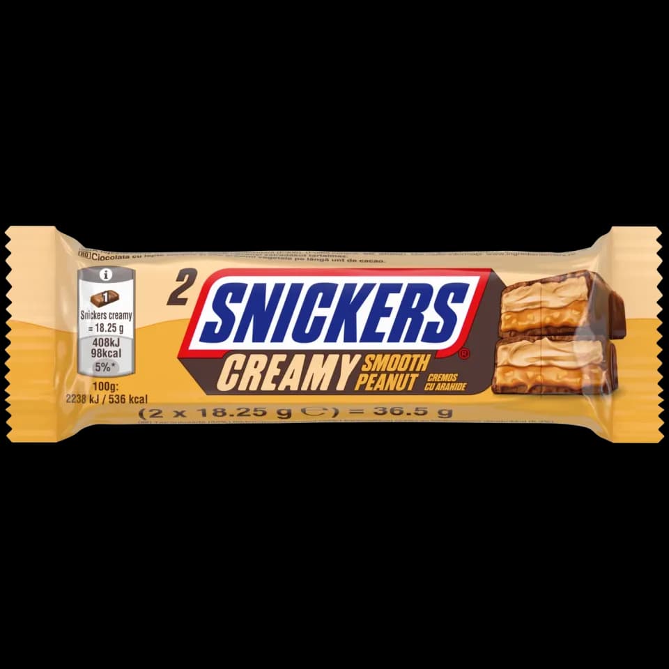 Snickers Creamy baton de ciocolata cu lapte cu umplutura de pasta de arahide si miez de caramel cu arahide prajite proaspete 36.5 g