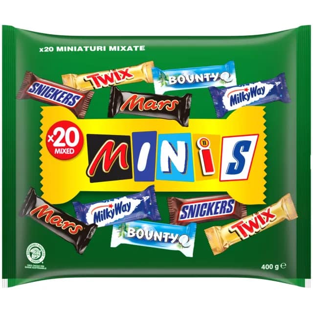 Minis Mix cu mini batoane de ciocolata cu lapte Snickers, Mars, Twix, Bounty, Milky Way, 400 g