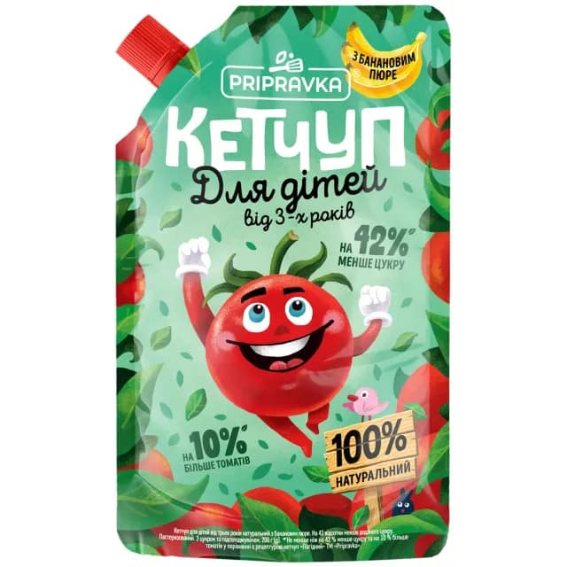 Ketchup Pripravka pentru copii de la trei ani cu piure natural de banane. Zahăr redus cu 42 la sută. Pasteurizat. Cu zahăr și îndulcitor, 200 g