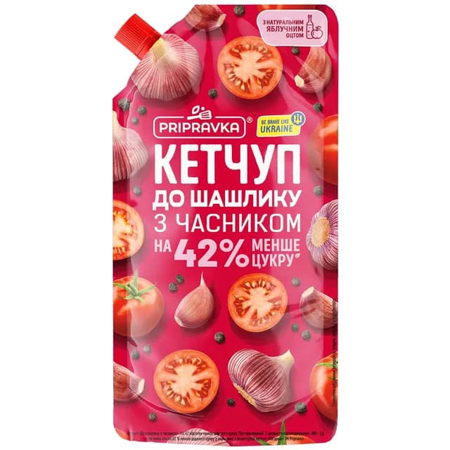 Ketchup Pripravka «Pentru frigărui cu usturoi». Zahăr redus cu 42 la sută. Pasteurizat. Cu zahăr și îndulcitor, 400 g