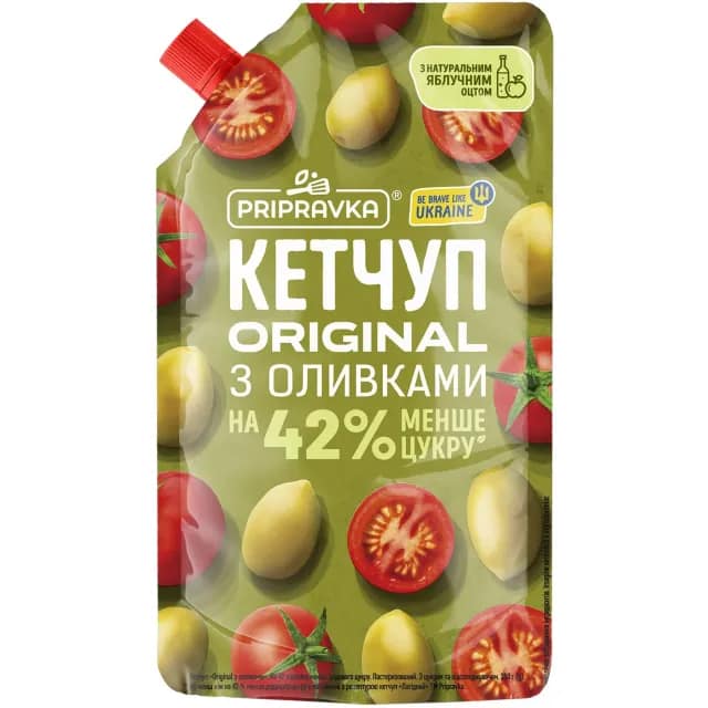 Ketchup Pripravka «Original cu măsline». Zahăr redus cu 42 la sută. Pasteurizat. Cu îndulcitor, 250 g