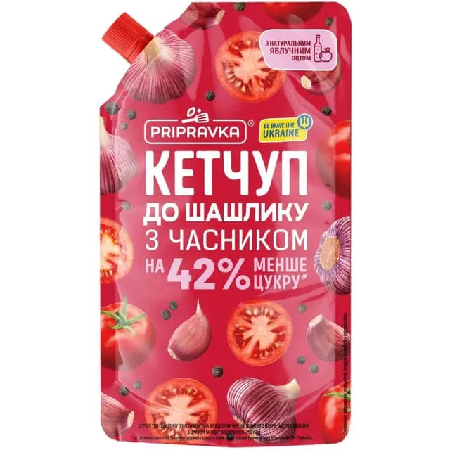 Ketchup Pripravka «Pentru frigărui cu usturoi». Zahăr redus cu 42 la sută. Pasteurizat. Cu îndulcitor, 250 g